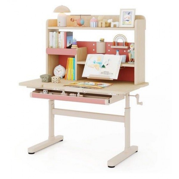 Vaikiškas rašomasis stalas su lentyna, stalčiumi ir reguliuojamo aukščiu (Rožinė)